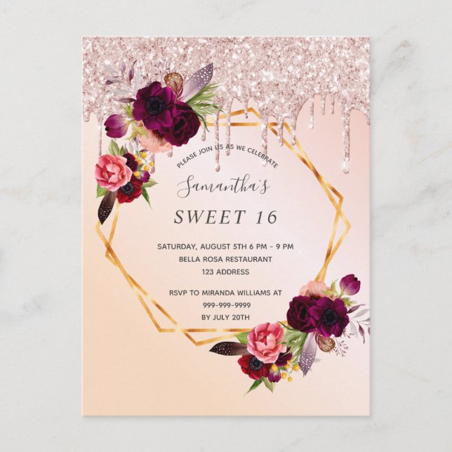 Sweet 16 rose fleurie invitation parties scintilla (Devant)