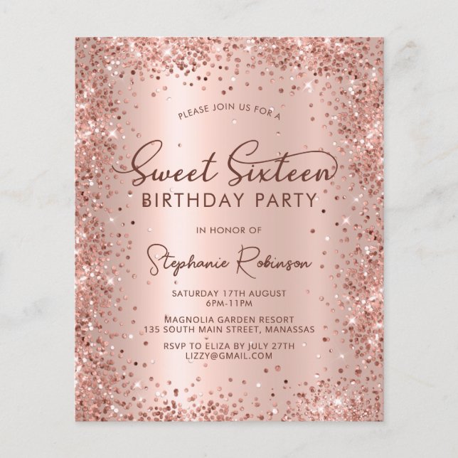 Sweet 16 Rose Parties scintillant or Invitation An (Devant)