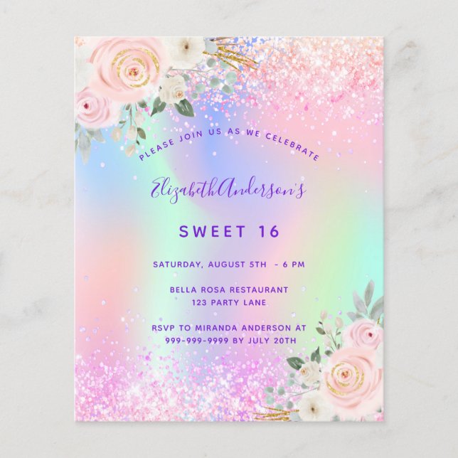 Sweet 16 rose violet floral invitasjon (Devant)