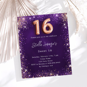 Sweet 16 rose violet invitation en or