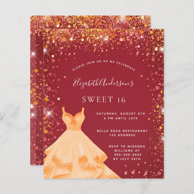 Sweet 16 rouge or parties scintillant robe invitat (Devant / Derrière)