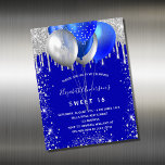 Sweet 16 royal bleu argent aimant invitation<br><div class="desc">Un arrière - plan bleu royal. Décoré avec des gouttes de parties scintillant en faux argent,  la peinture goutte à goutte,  les étincelles et les ballons. Personnalisez et ajoutez un nom et des détails du parti. Le nom est écrit avec un script de style écrit à la main.</div>