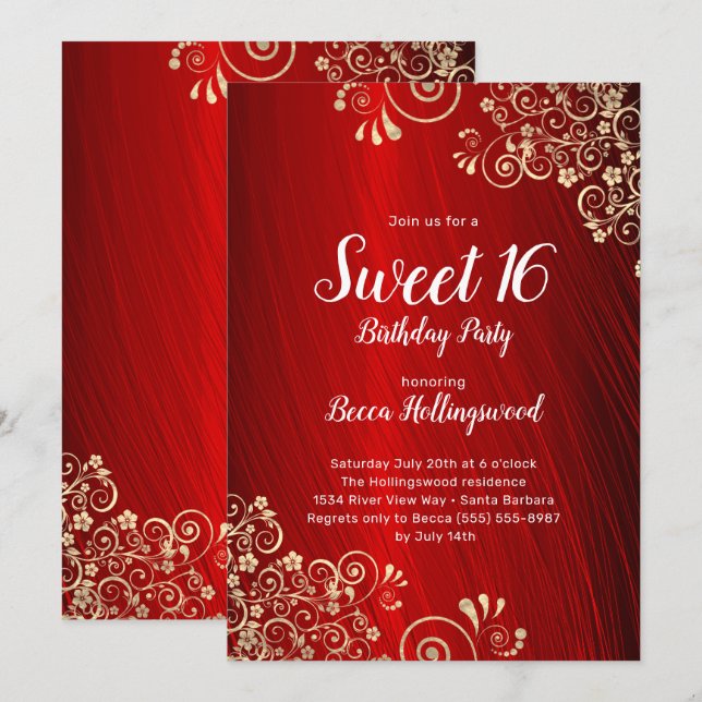 Sweet 16 Ruby Red Gold Swirls Party Invitation (Devant / Derrière)