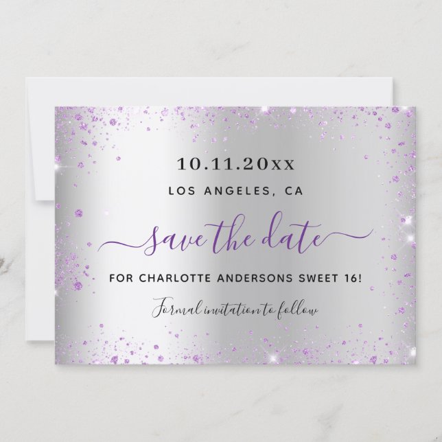 Sweet 16 silver lavender save the date card (Devant)