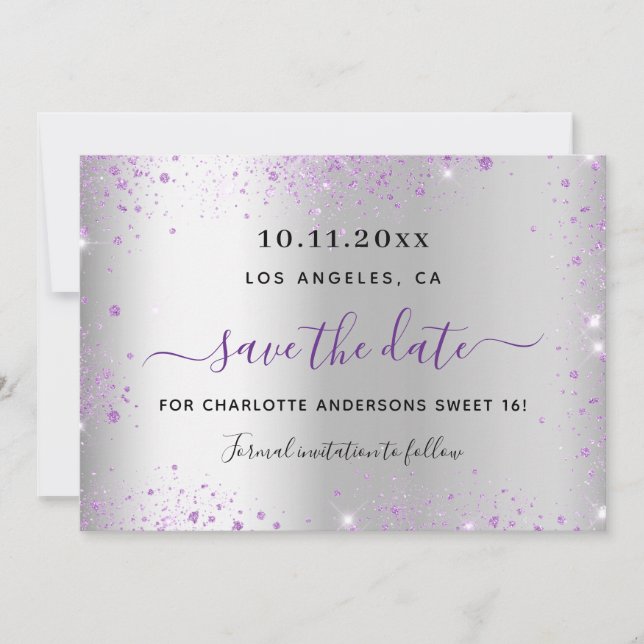 Sweet 16 silver purple save the date (Devant)