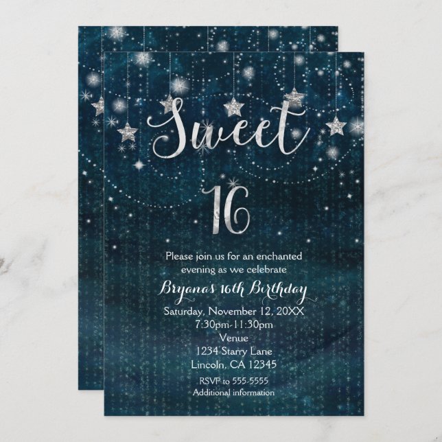 Sweet 16 Starry Night Silver & Blue Invitation (Devant / Derrière)