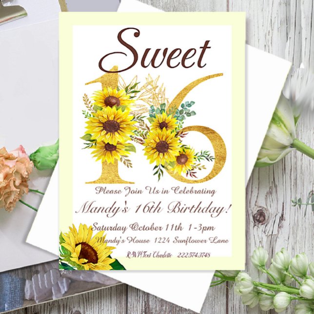 Sweet 16 Sunflower Invitation d'anniversaire, (Créateur téléchargé)