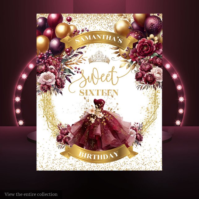 Sweet 16 Tapisserie Burgundy Gold Parties scintill (Sweet 16 Tapestry Burgundy Gold Glitter Balloons)