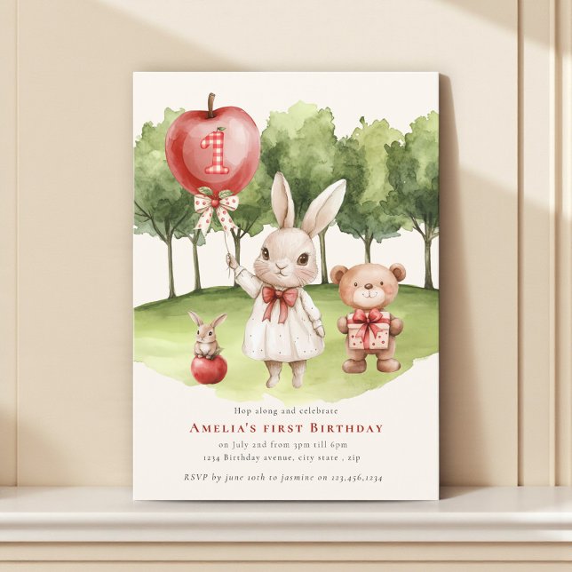 Sweet  1st Bunny Apple  Birthday Invitation (Créateur téléchargé)