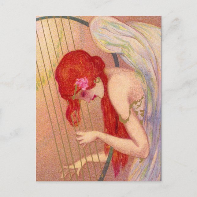 Sweet Antique rouge ange sur la carte postale Harp (Devant)