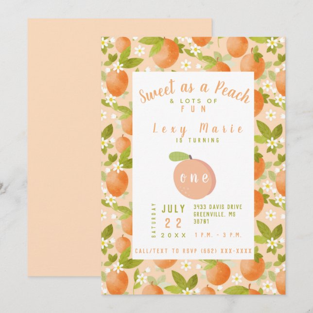 Sweet as a Peach 1st Birthday Invitation (Devant / Derrière)