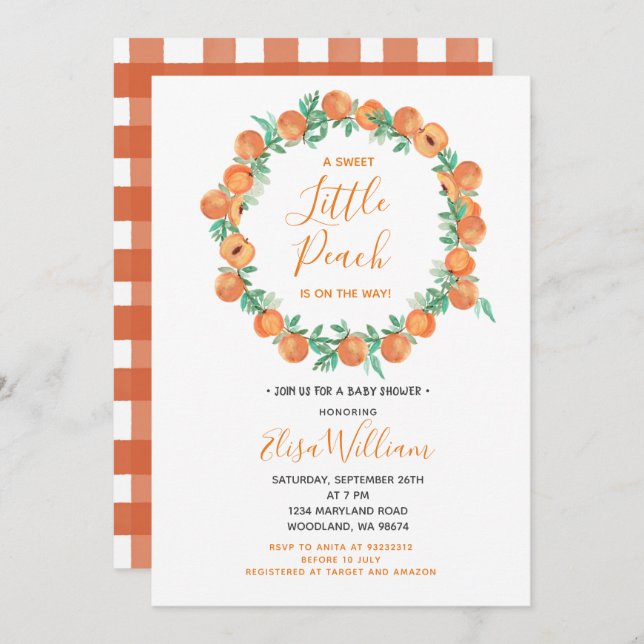 Sweet as a Peach Baby shower Invitation (Devant / Derrière)