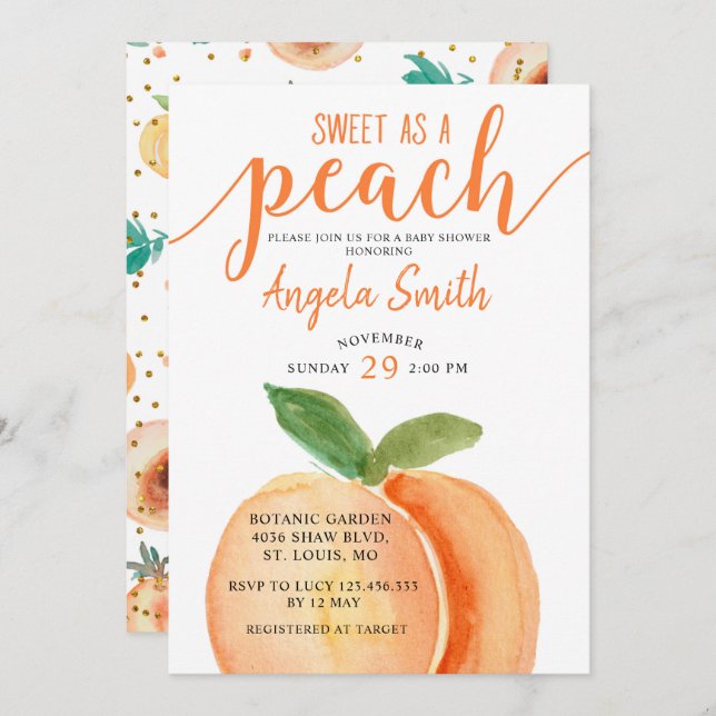 Sweet as a Peach Baby shower Invitation (Devant / Derrière)