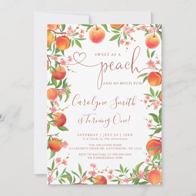 Sweet As A Peach First Birthday Invitation (Devant)