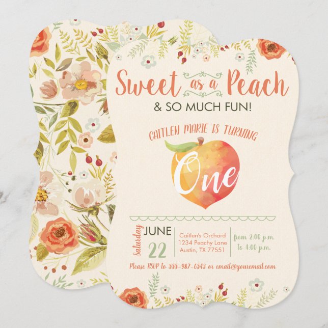 Sweet As A Peach First Birthday Invitation (Devant / Derrière)