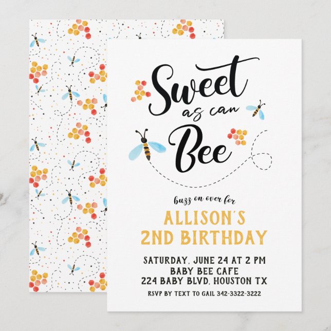 Sweet as can Bee Birthday Invitation (Devant / Derrière)