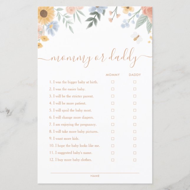 Sweet as Can Bee Mommy ou Daddy Baby shower Game (Devant)