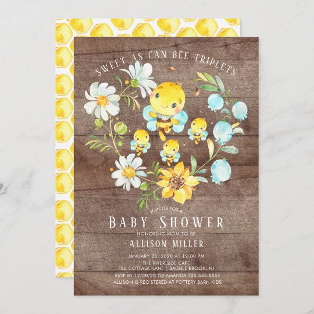 Sweet As Can Bee Triplets Baby shower Invitation (Devant / Derrière)