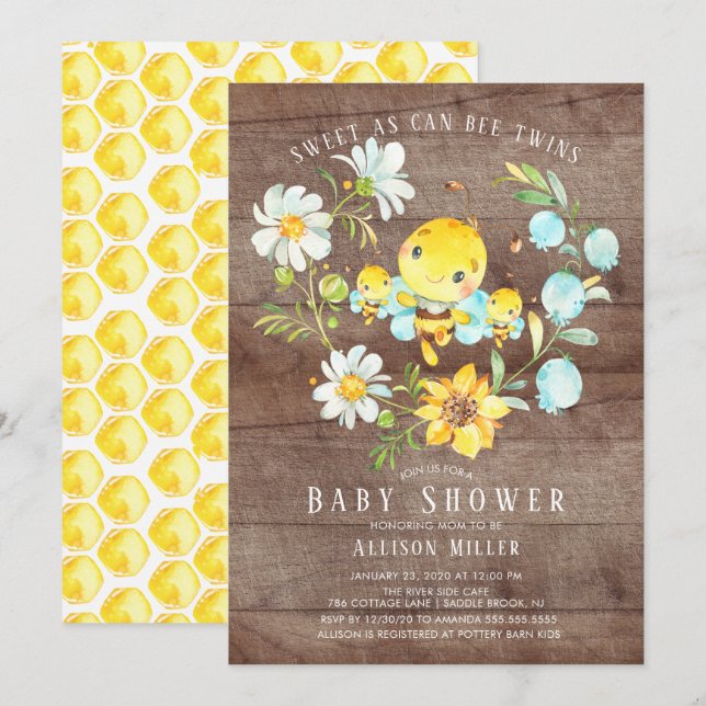Sweet As Can Bee Twins Baby shower Invitation (Devant / Derrière)