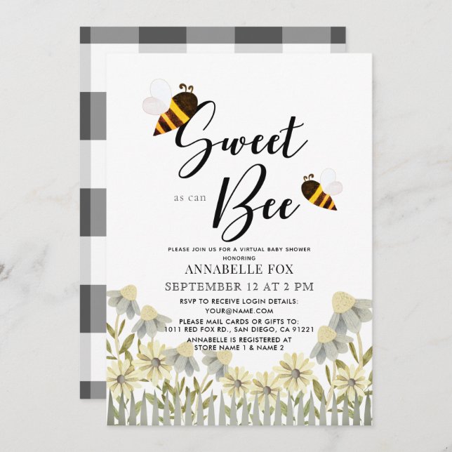 Sweet as can Bee Virtual Baby shower Invitation (Devant / Derrière)