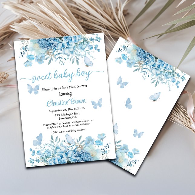 Sweet Baby Boy Blue Floral Baby shower Invitation (Créateur téléchargé)