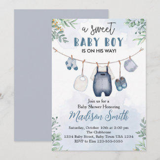 Sweet Baby Boy Shower Invitation Blue Denim Set