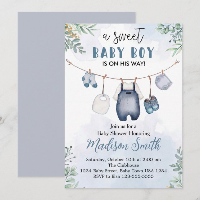 Sweet Baby Boy Shower Invitation Blue Denim Set (Devant / Derrière)