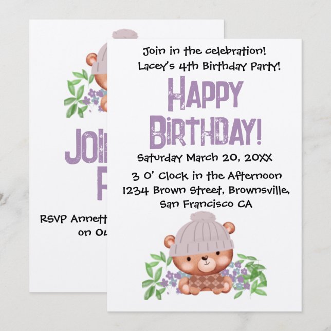 Sweet Beanie Bear Invitation Anniversaire pour enf (Devant / Derrière)