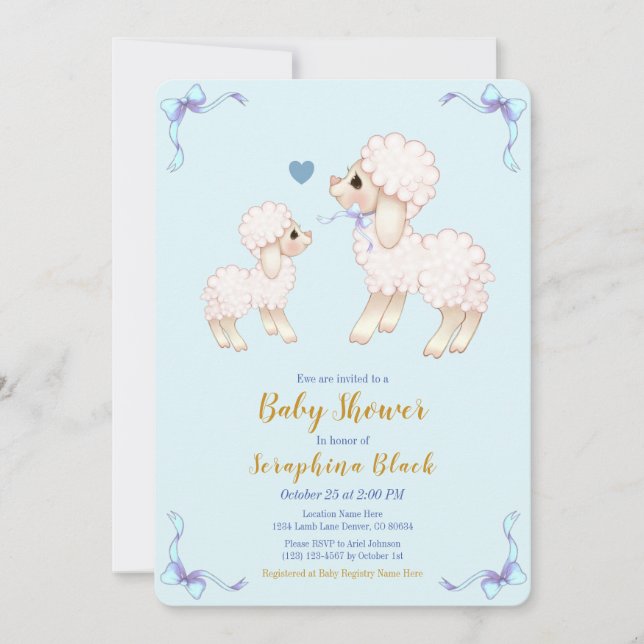 Sweet Blue Boy Lamb Baby shower Invitation (Devant)