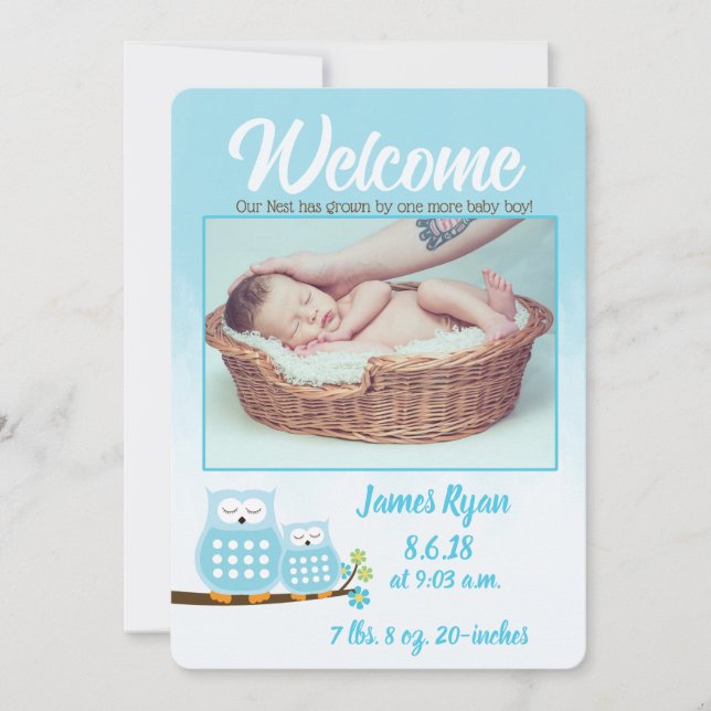 Sweet Blue Owls Baby Boy Photo Faire-part de naiss (Devant)