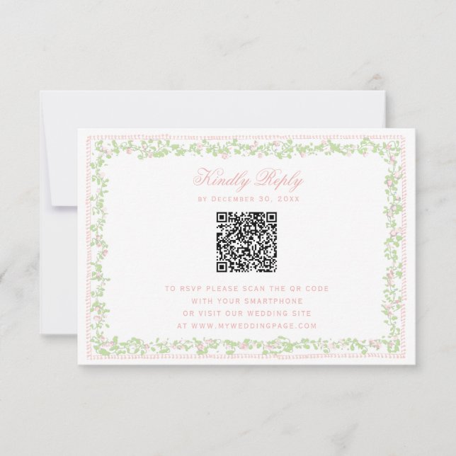 Sweet Blush Pink Floral Frame RSVP w/ Bow QR Code (Devant)