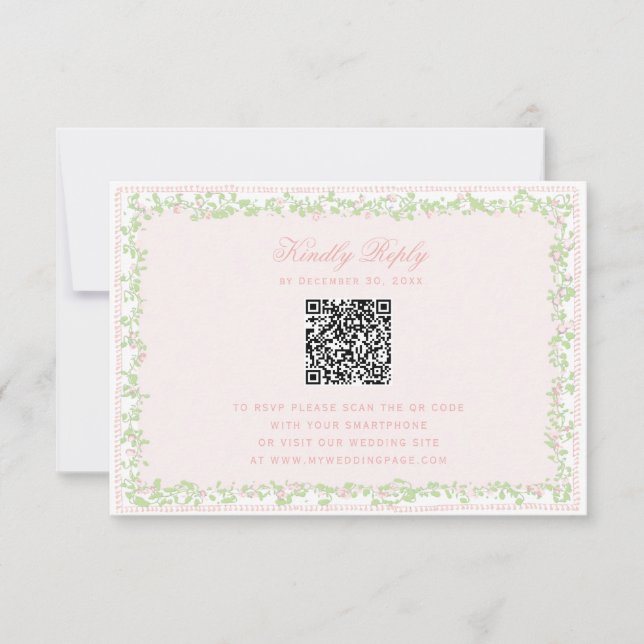 Sweet Blush Pink Floral Frame RSVP w/ Bow QR Code (Devant)