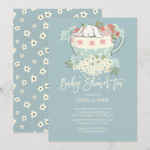 Sweet Bunny Tea Cup Blue Baby Shower Invitations