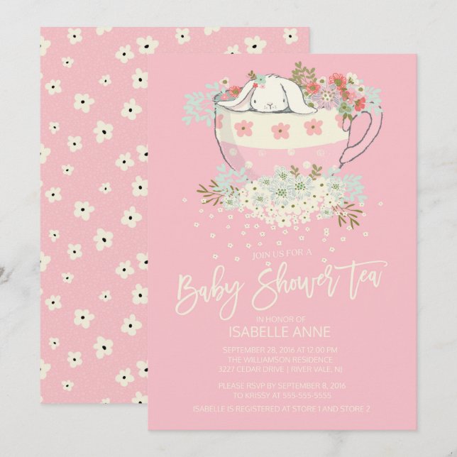Sweet Bunny Thé rose Filles Baby Douche Invitation (Devant / Derrière)