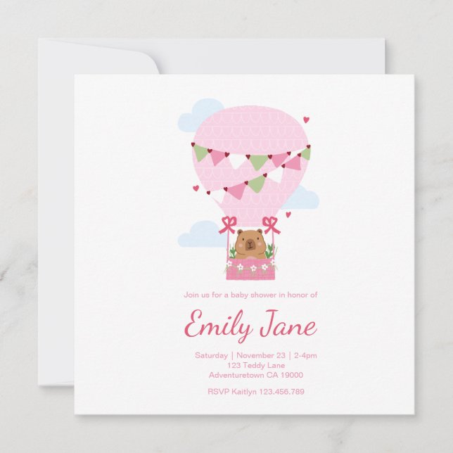 Sweet Capybara Baby Shower Invitation Baby Girl (Devant)