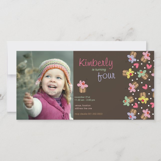 Sweet Cherry Cupcakes Girl Birthday Photo Invitati (Devant)
