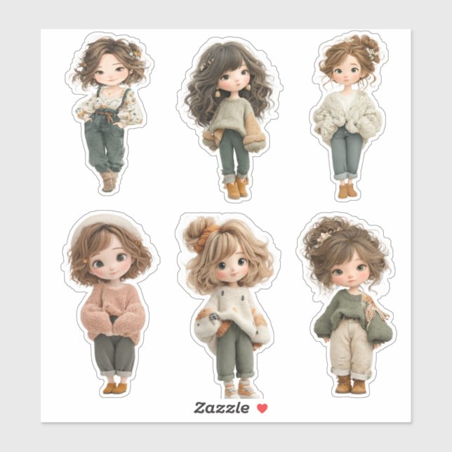 Sweet Chibi Girl Sticker Sheet 6 Cute Character  (Feuille)