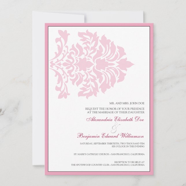 Sweet Damask 5x7 Faire-part de mariage rose/blanc (Devant)