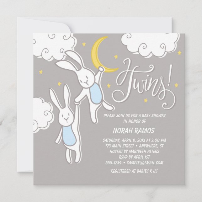 "Sweet Dreams Bunny" Twins Baby shower Invitation (Devant)