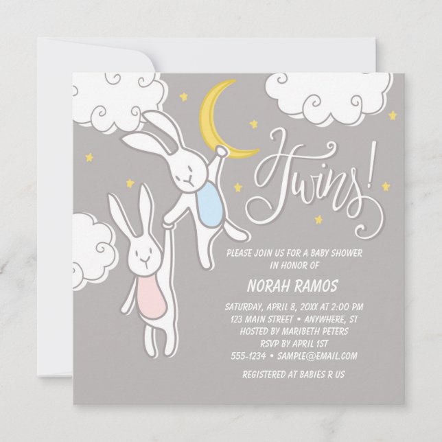 "Sweet Dreams Bunny" Twins Baby shower Invitation (Devant)