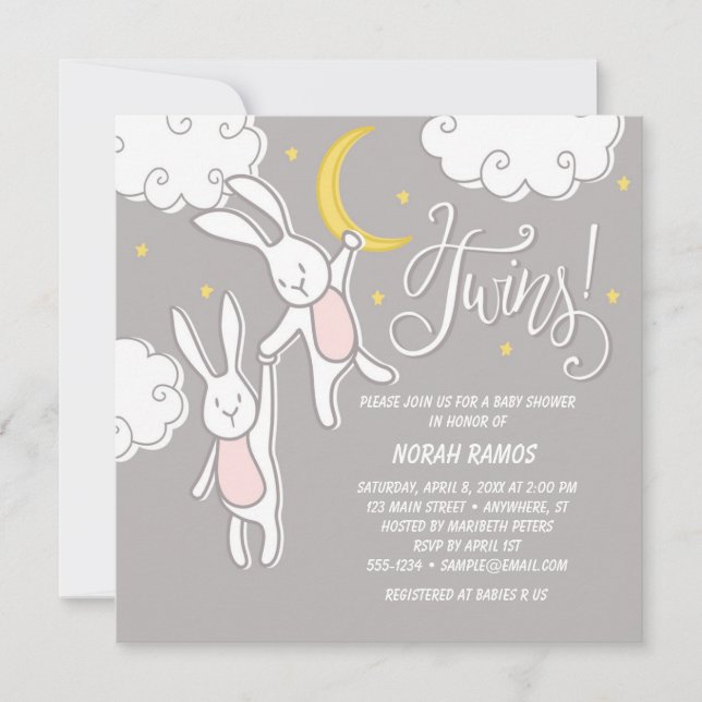 "Sweet Dreams Bunny" Twins Baby shower Invitation (Devant)
