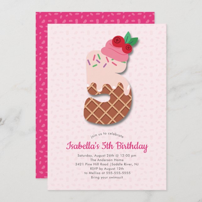 Sweet Ice Cream 5th Birthday Invitation (Devant / Derrière)