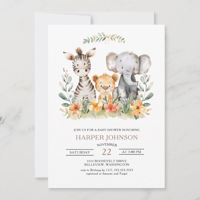 Sweet Jungle Safari Invitation Baby shower animal (Devant)