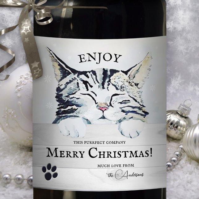 Sweet Kitten hiver Vin de Noël Étiquette (Christmas wine label featuring a cute kitten in bliss, with tiny snowflakes - for cat lovers)