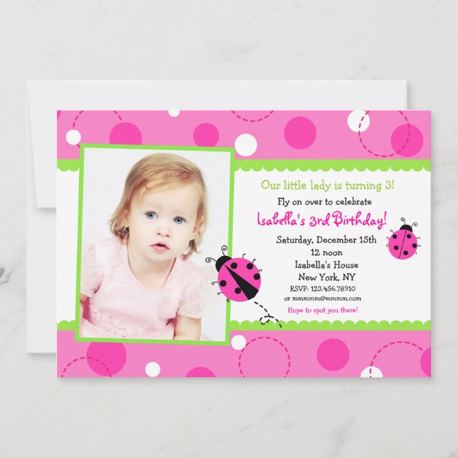 Sweet Ladybug Pink Green Photo Invitation d'annive (Devant)