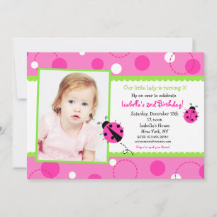 Sweet Ladybug Pink Green Photo Invitation d'annive