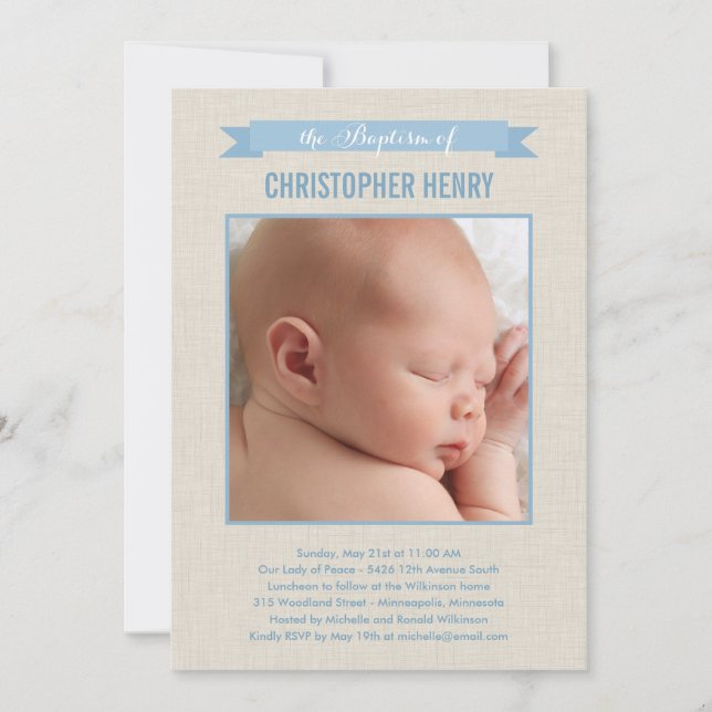 Sweet Linen Photo Baptism Invitation - Bleu (Devant)