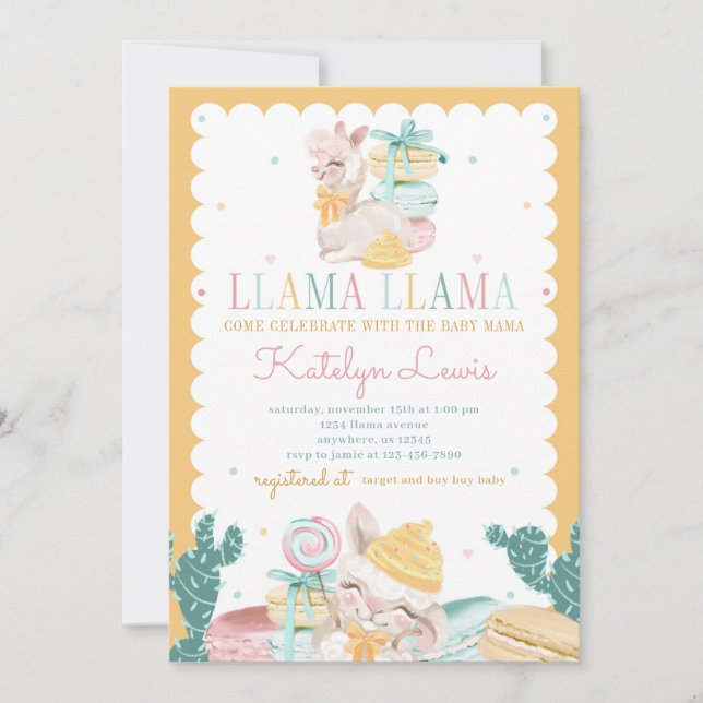 Sweet Llama Pastel Baby shower Invitation Cactus (Devant)