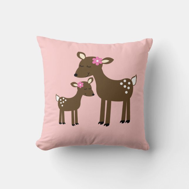 Sweet maman et bébé cerf - Coussin fille rose (Recto)