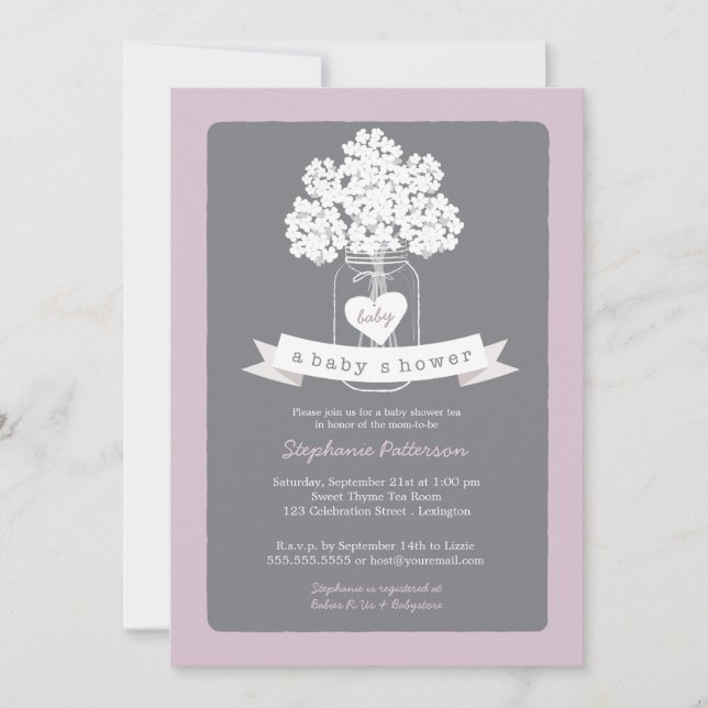 Sweet Mason Jar Lilac Baby shower gris Invitation (Devant)